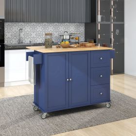 Rolling Mobile Kitchen Island with Drop Leaf - Solid Wood Top; Locking Wheels & Storage Cabinet 52.7 Inch Width(Dark blue)