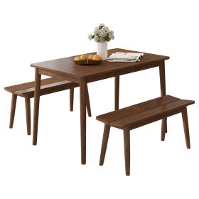 3 PCS Wooden Dining Table Set Kitchen Furniture for 4 Modern Table Set with 2 Benches Spacious Tabletop for Kitchen Dining Room Walnut Color