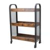 3 Tier Wood and Metal Kitchen Cart with Mesh Side Panel; Brown and Black