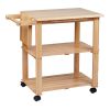 34 Inch Handcrafted Rubberwood Kitchen Island Bar Cart; 2 Plank Design Shelves; Knife Holder; Chopping Board; Oak Brown