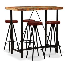 Bar Set 5 Pieces Solid Reclaimed Wood and Genuine Leather