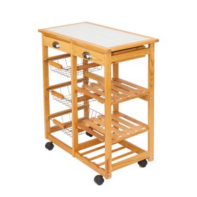 Kitchen & Dining Room Cart 2-Drawer Removable Storage Rack with Rolling Wheels Wood Color