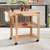 34 Inch Handcrafted Rubberwood Kitchen Island Bar Cart; 2 Plank Design Shelves; Knife Holder; Chopping Board; Oak Brown