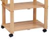 34 Inch Handcrafted Rubberwood Kitchen Island Bar Cart; 2 Plank Design Shelves; Knife Holder; Chopping Board; Oak Brown