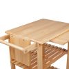 34 Inch Handcrafted Rubberwood Kitchen Island Bar Cart; 2 Plank Design Shelves; Knife Holder; Chopping Board; Oak Brown