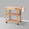 34 Inch Handcrafted Rubberwood Kitchen Island Bar Cart; 2 Plank Design Shelves; Knife Holder; Chopping Board; Oak Brown