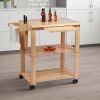 34 Inch Handcrafted Rubberwood Kitchen Island Bar Cart; 2 Plank Design Shelves; Knife Holder; Chopping Board; Oak Brown