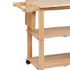 34 Inch Handcrafted Rubberwood Kitchen Island Bar Cart; 2 Plank Design Shelves; Knife Holder; Chopping Board; Oak Brown