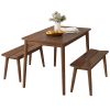 3 PCS Wooden Dining Table Set Kitchen Furniture for 4 Modern Table Set with 2 Benches Spacious Tabletop for Kitchen Dining Room Walnut Color