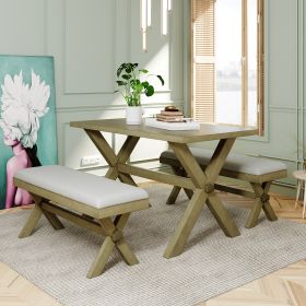 3 Pieces Farmhouse Rustic Wood Kitchen Dining Table Set with 2 Upholstered Benches (Color: green)