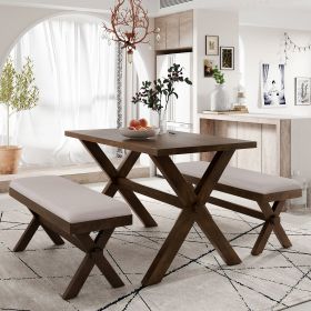 3 Pieces Farmhouse Rustic Wood Kitchen Dining Table Set with 2 Upholstered Benches (Color: Brown)