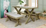 3 Pieces Farmhouse Rustic Wood Kitchen Dining Table Set with 2 Upholstered Benches