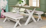 3 Pieces Farmhouse Rustic Wood Kitchen Dining Table Set with 2 Upholstered Benches