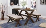 3 Pieces Farmhouse Rustic Wood Kitchen Dining Table Set with 2 Upholstered Benches