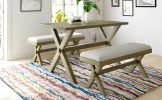 3 Pieces Farmhouse Rustic Wood Kitchen Dining Table Set with 2 Upholstered Benches